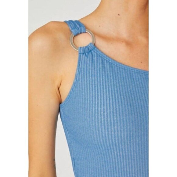 Shoshanna Sz 12 Swimsuit Ring One Shoulder One Piece Blue Silver Shimmer Preppy - Picture 3 of 7